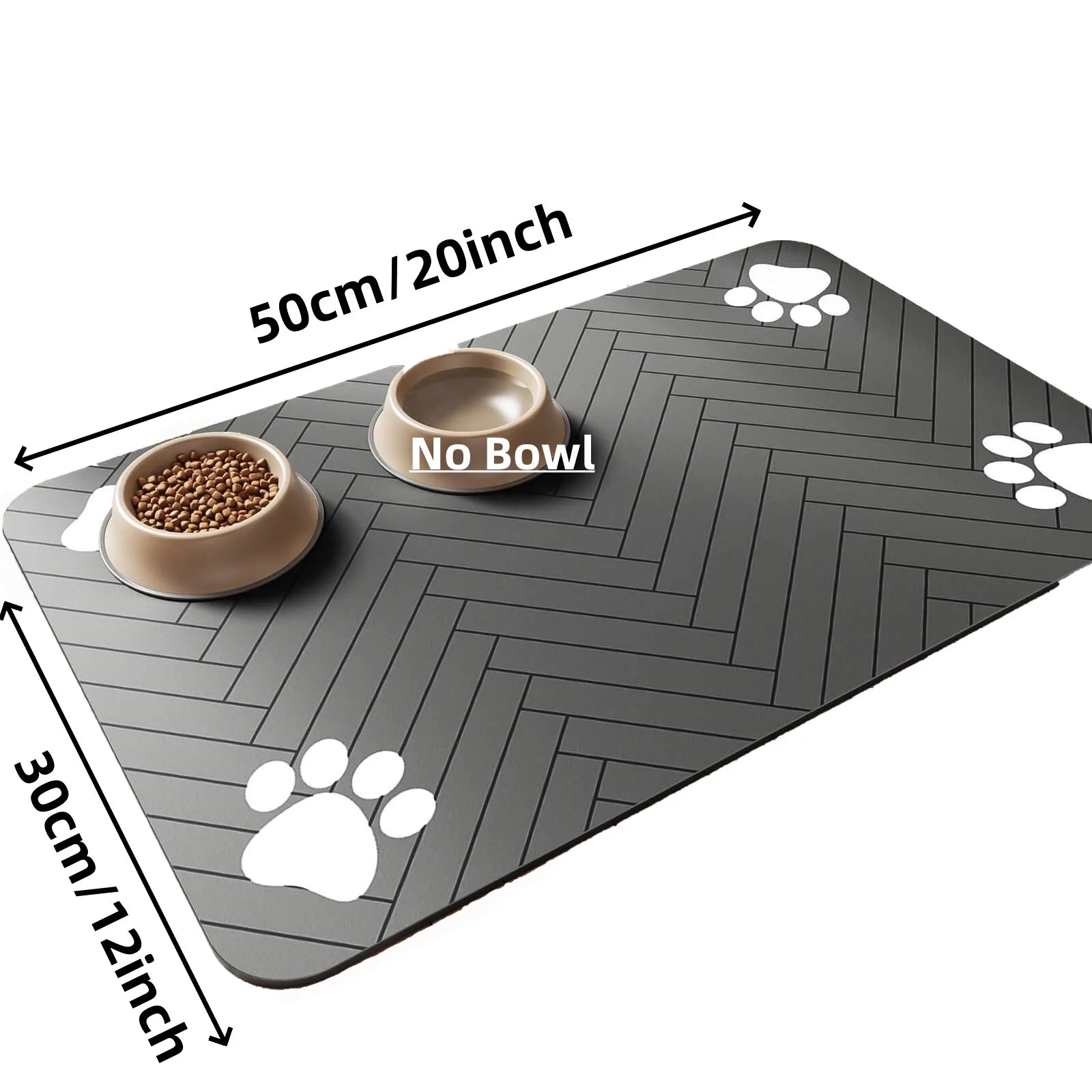 Grey rectangular pet feeding mat with white paw prints and a herringbone pattern. Dimensions are 50x30cm. Bowls excluded.