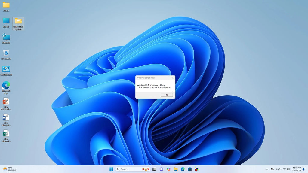 15.6-inch laptop screen showing a bright blue abstract Windows 11 desktop wallpaper and system activation dialogue box.