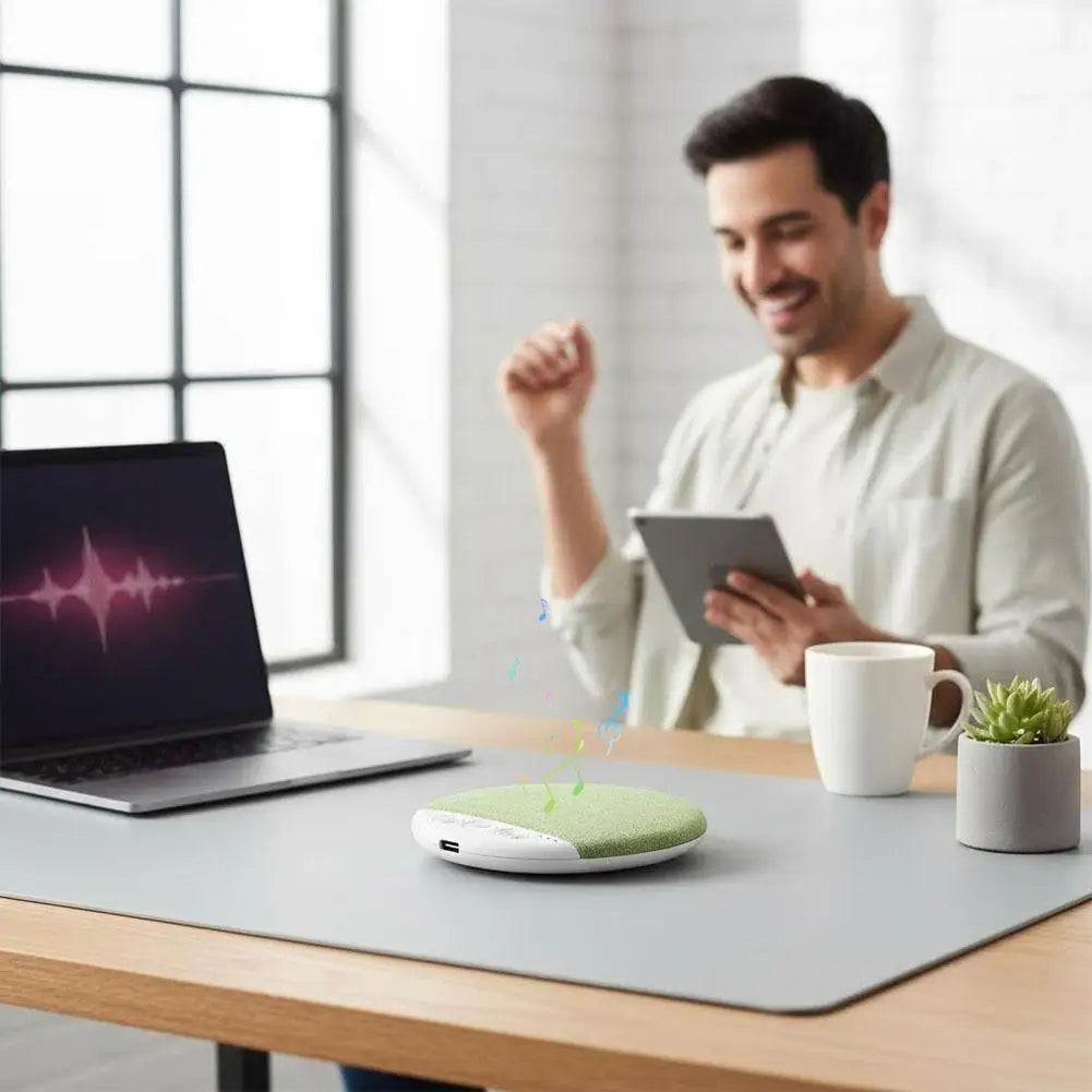 A green, round, wireless Bluetooth sleep speaker sits on a desk with a man working in the background.