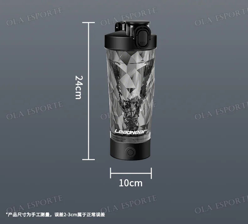 Black electric shaker bottle with a faceted, geometric translucent design, 24cm tall and 10cm wide.