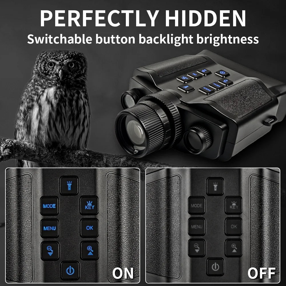 Black plastic night vision binoculars with a textured grip and buttons featuring switchable blue backlighting.