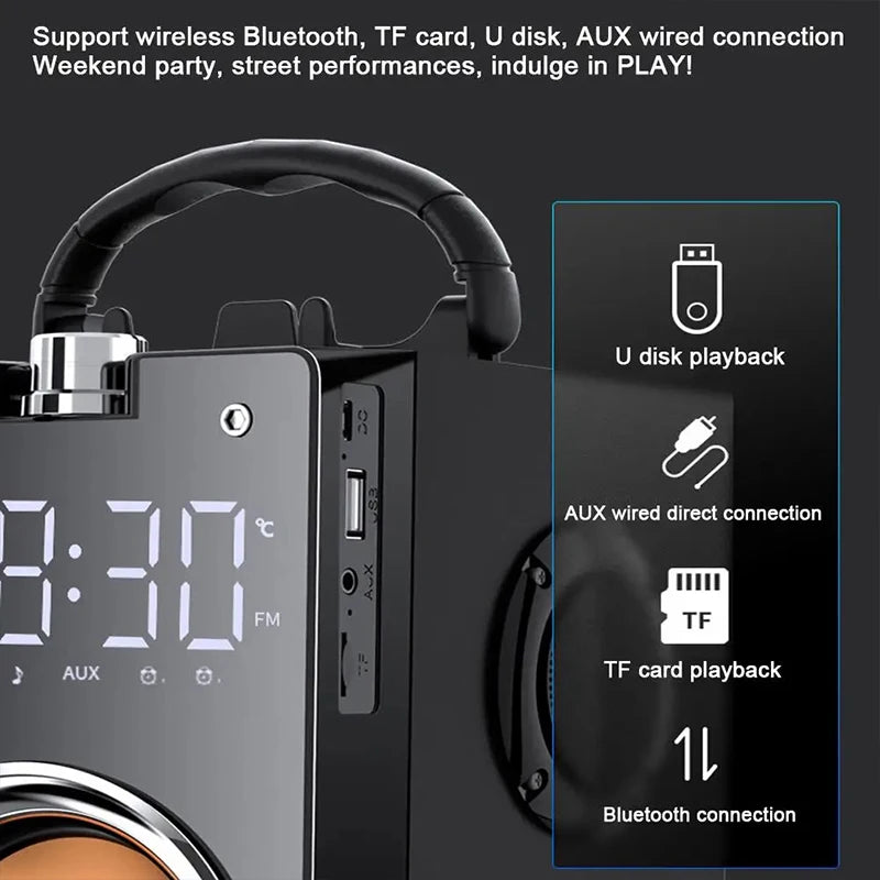 Portable black wireless speaker with digital display, carry handle, and Bluetooth, AUX, USB and TF card connectivity.