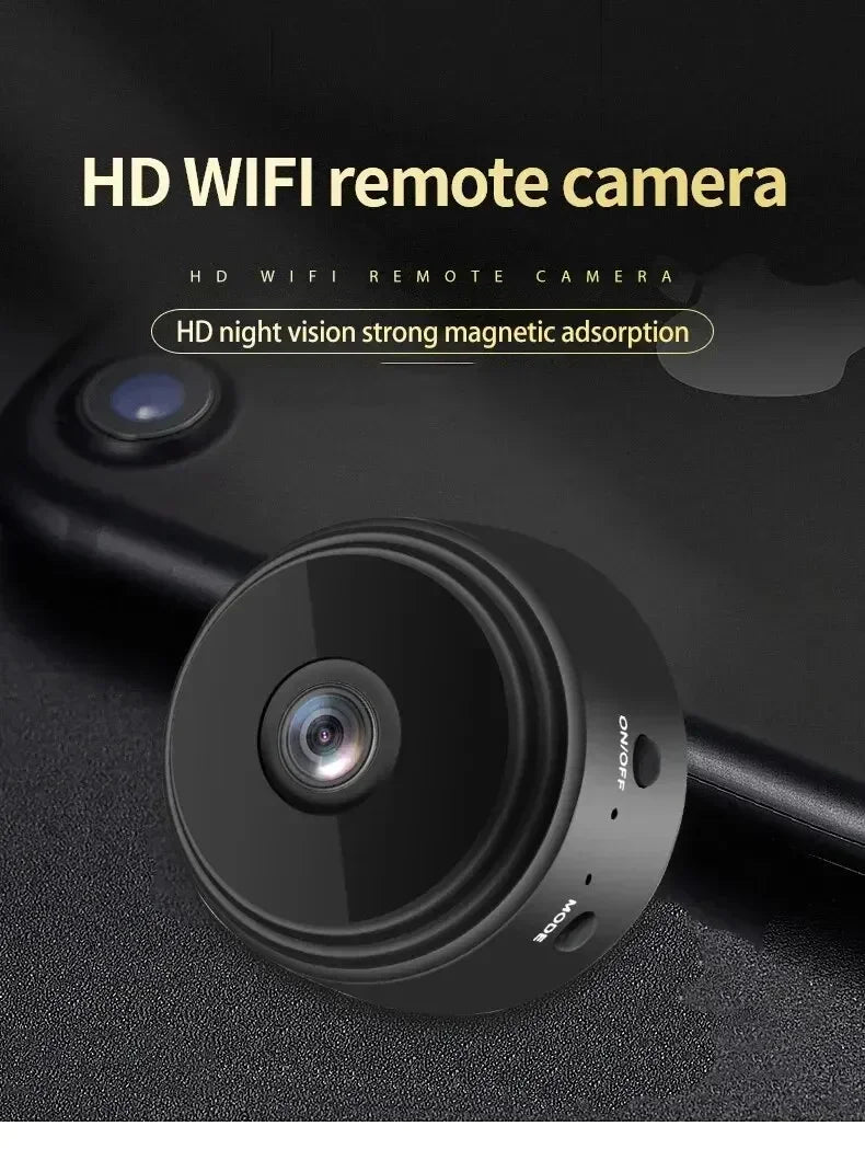 Small black magnetic plastic Wi-Fi security camera with a lens, power button, and mode button.
