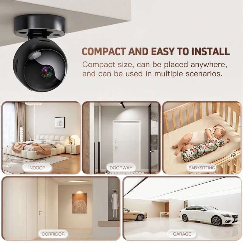 Compact black 4K wireless security camera mounted on a ceiling, shown in various home and garage settings.