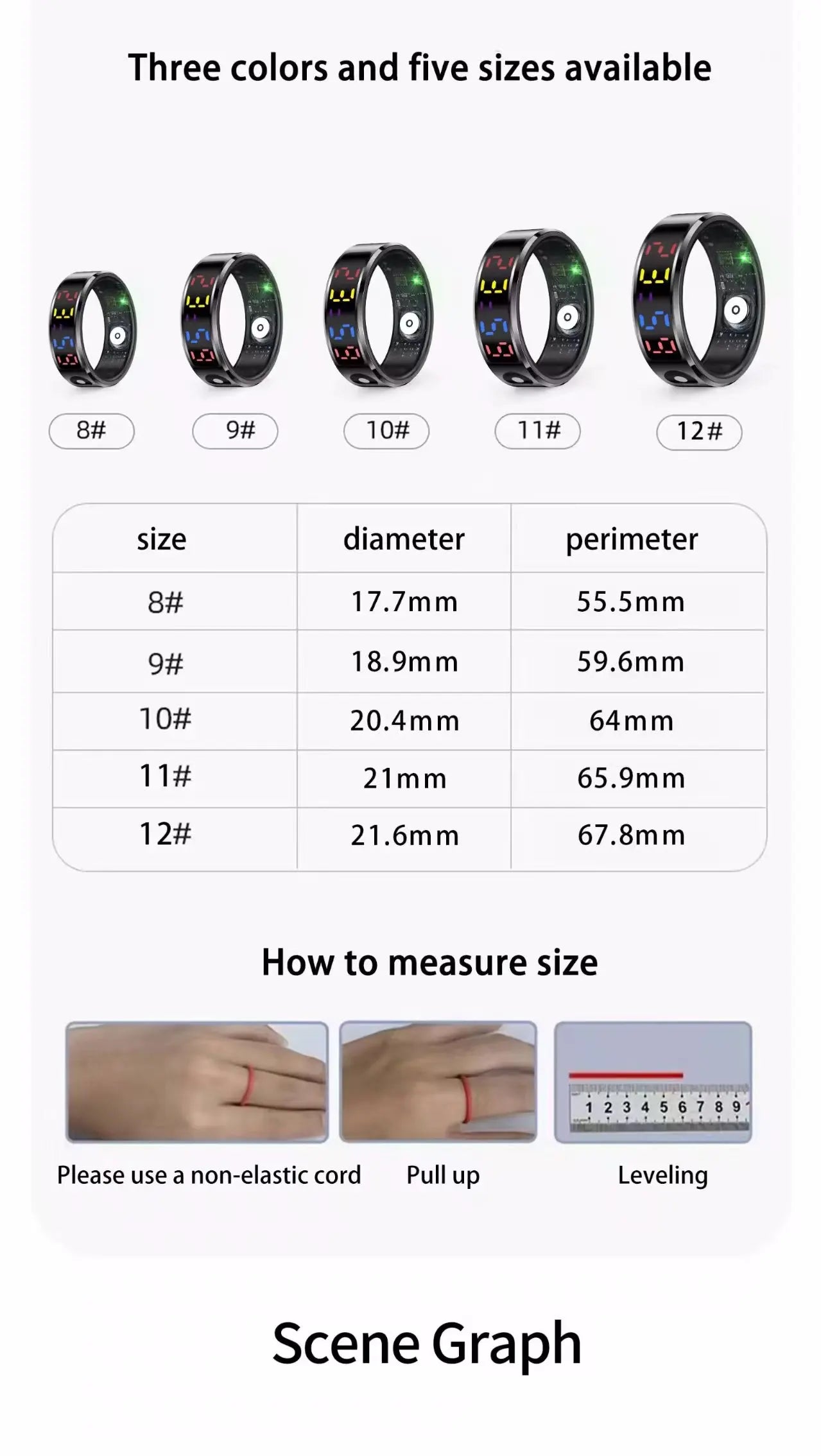 Black smart ring with digital touch display and health monitoring, shown in five sizes with a measurement guide.