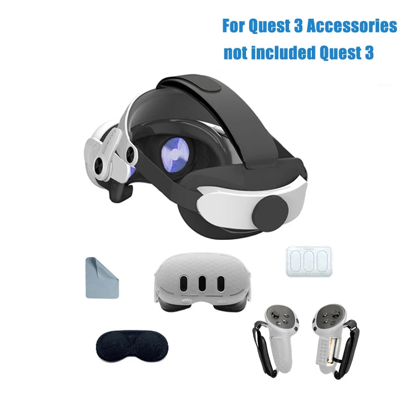 Black and white adjustable halo strap for Meta Quest 3, including silicone face cover, lens protector and controller caps.