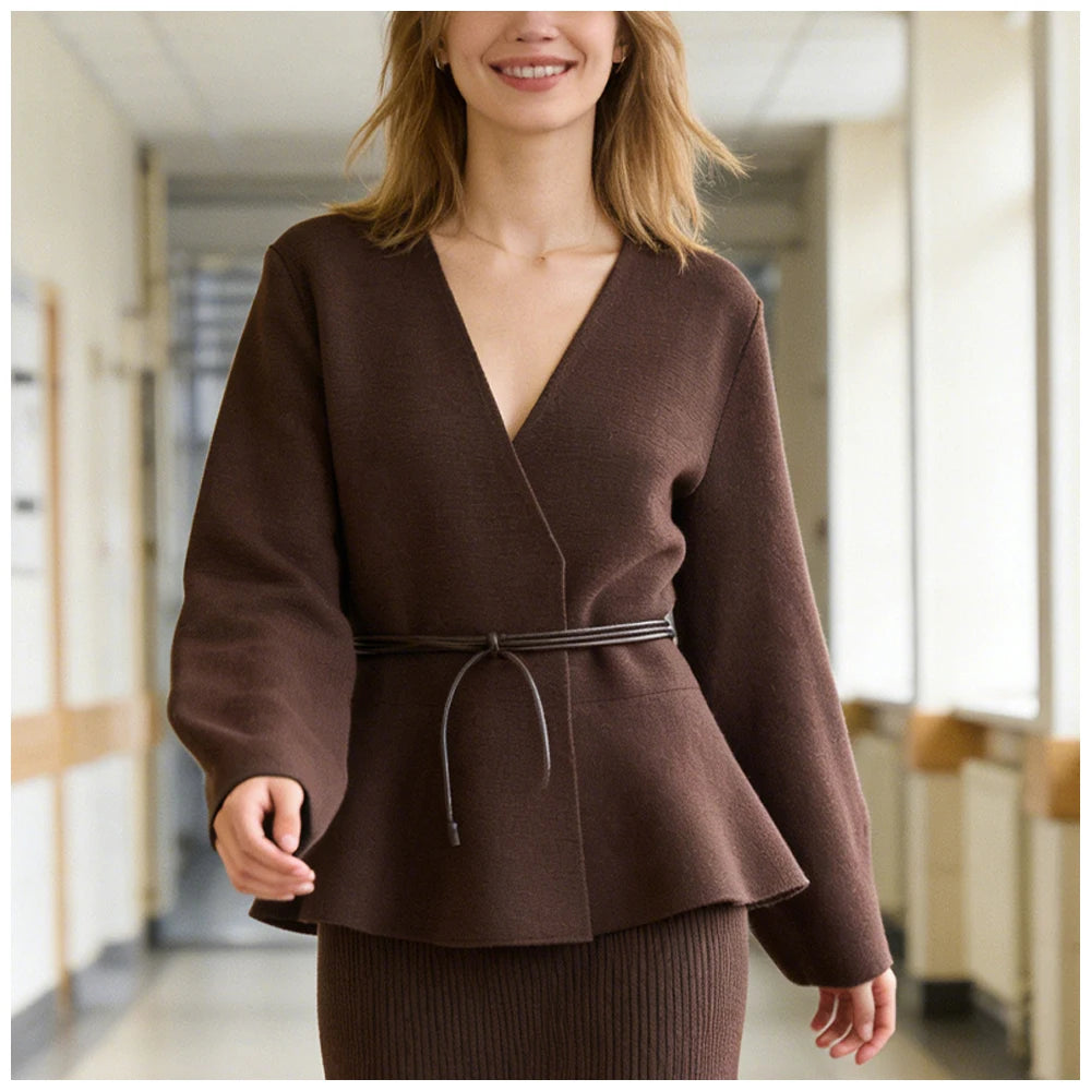 Chocolate brown long-sleeved peplum cardigan with a V-neck and slim tie-waist belt.