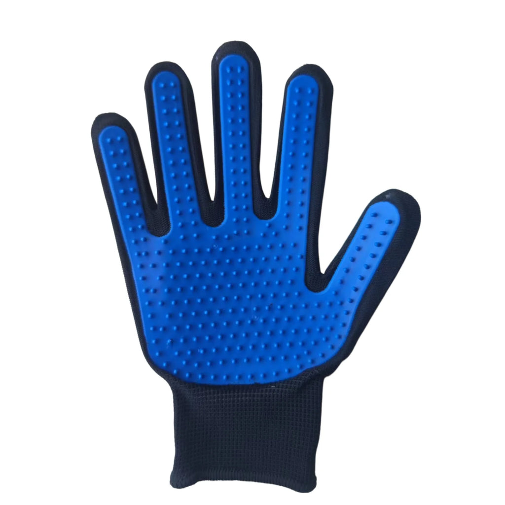 Black and blue silicone pet grooming glove with soft rubber nodules for removing loose fur.