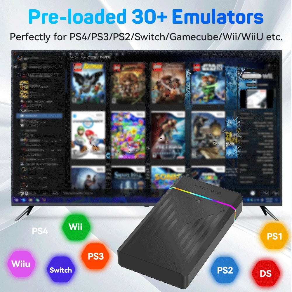 Black portable gaming HDD in front of a TV displaying retro games and console icons.