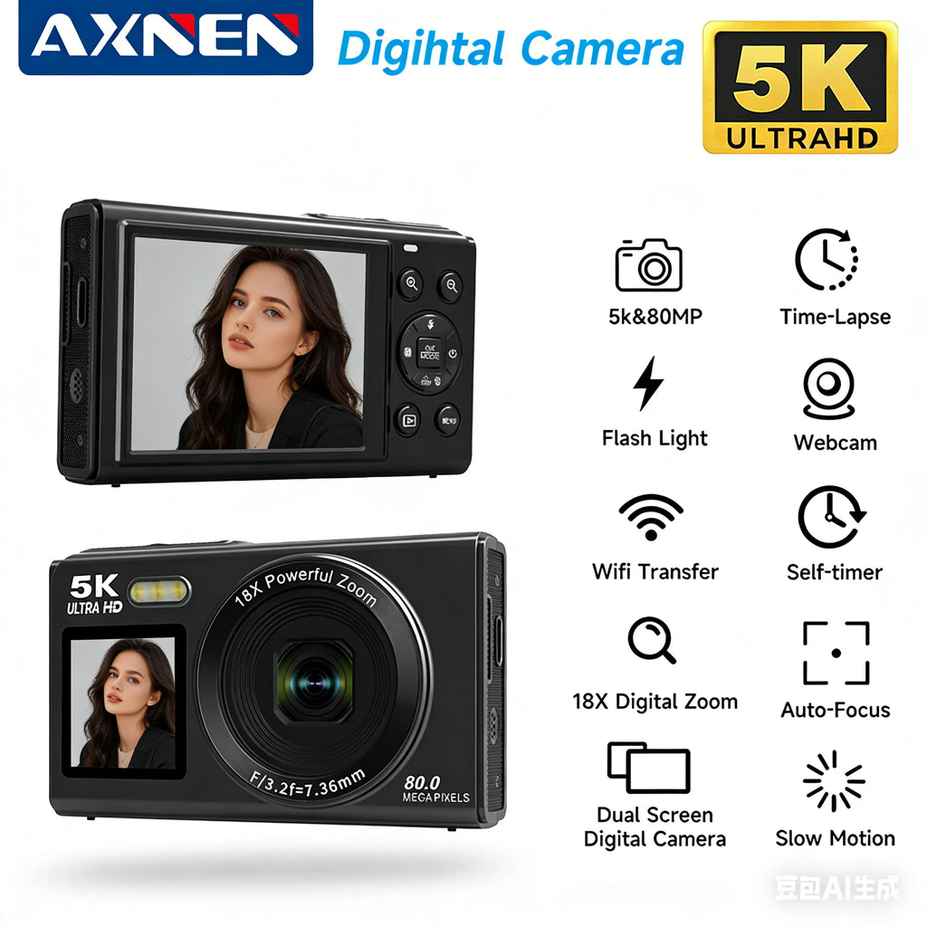 Black plastic 5K digital camera with dual screens, 18x zoom, auto-focus, flash, and wireless connectivity.
