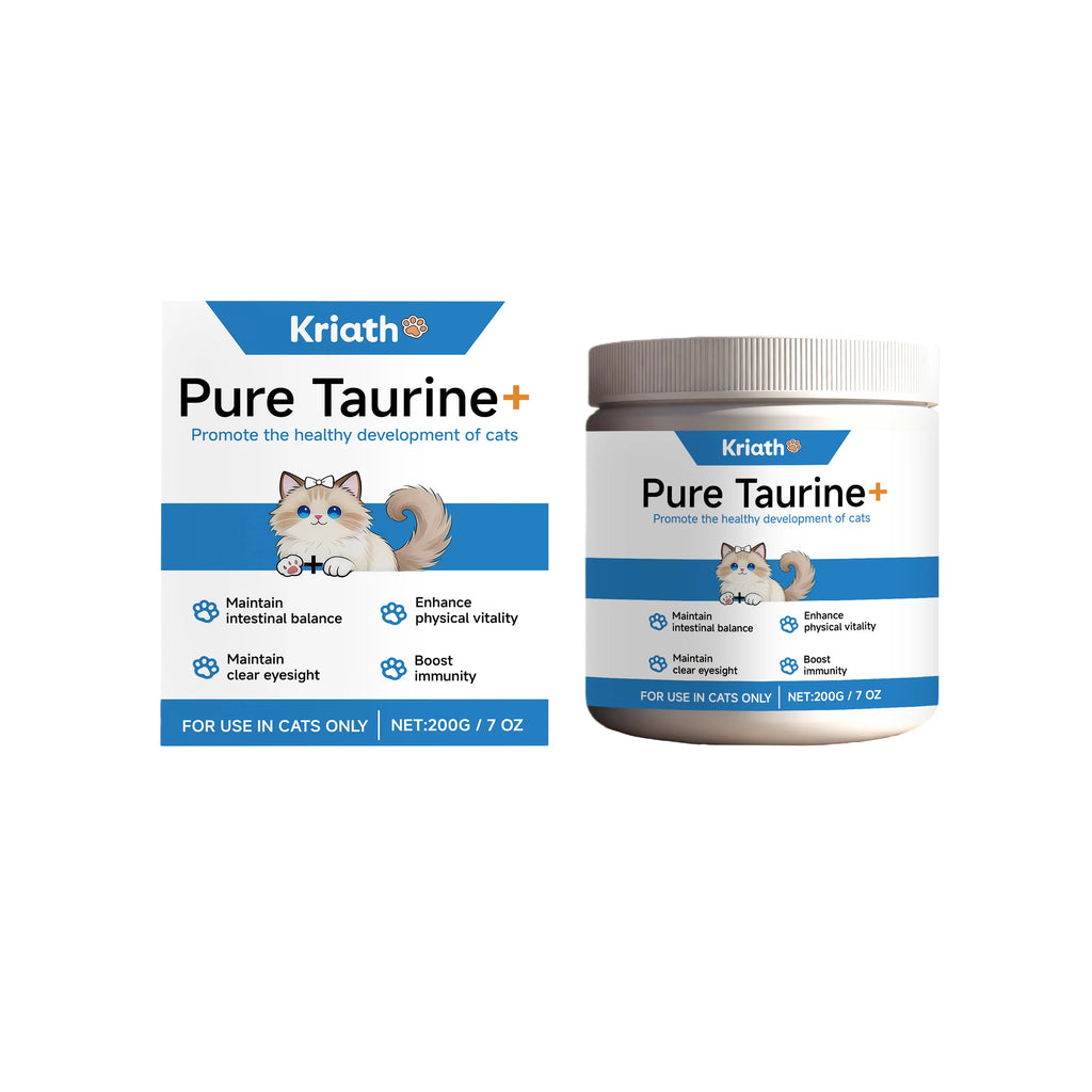 White and blue tub of taurine supplement for cats, promoting vitality, immunity, eyesight, and intestinal balance.