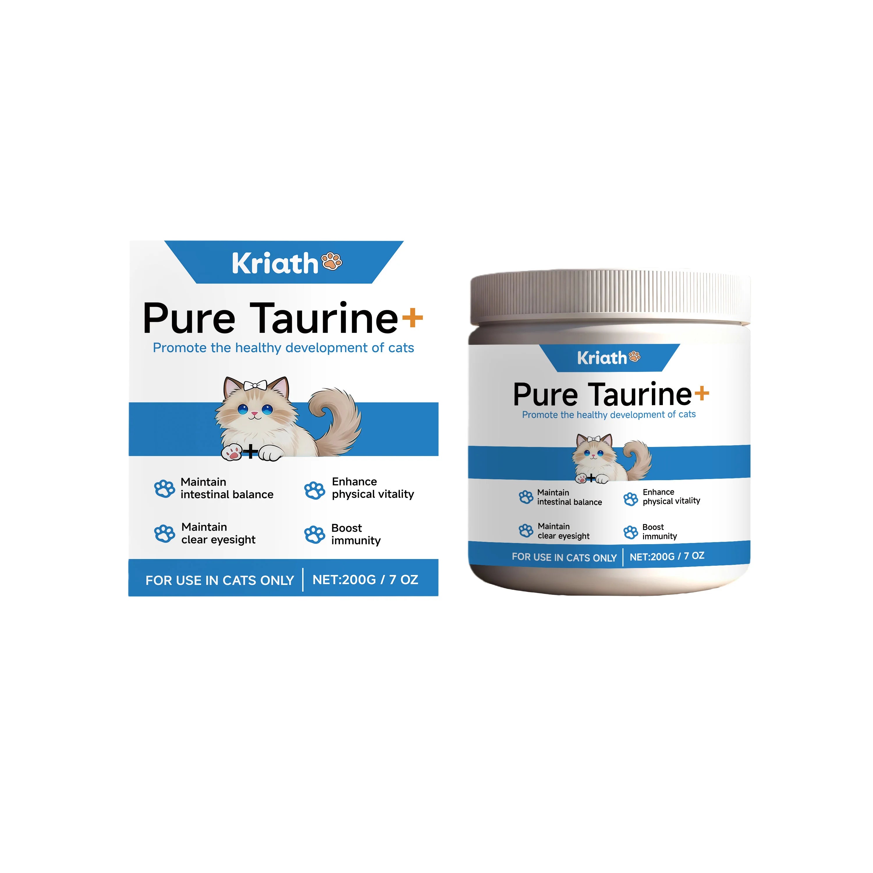 White and blue tub of taurine supplement for cats, promoting vitality, immunity, eyesight, and intestinal balance.