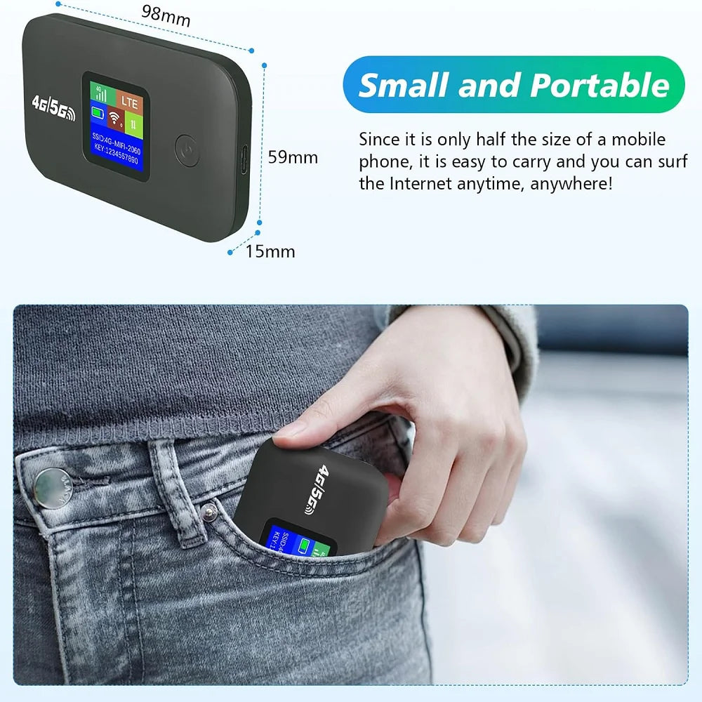 Compact matte black portable 4G WiFi hotspot with colour display, shown being placed into a jeans pocket.