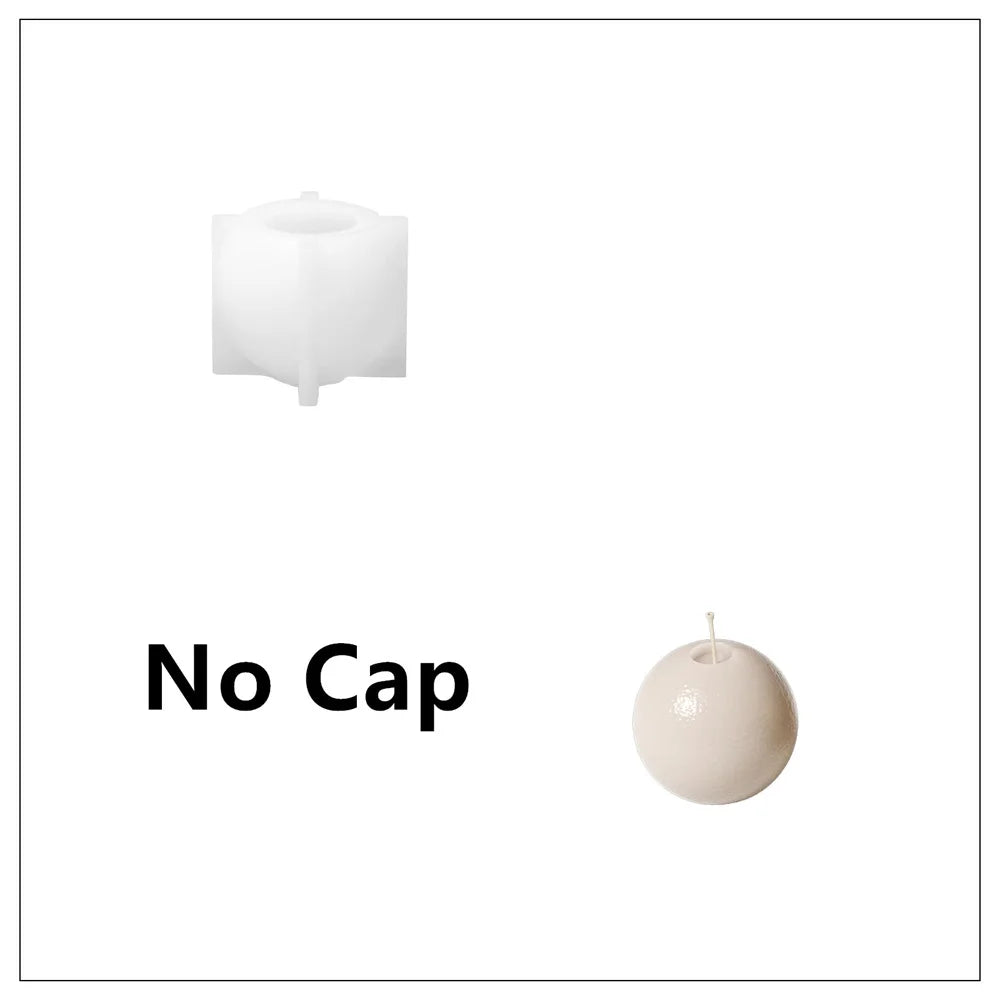 White silicone cube mold with a spherical hollow inside, accompanied by a round beige candle with a wick.