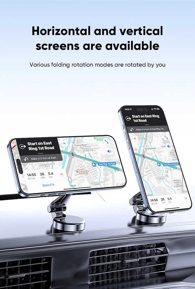 Silver magnetic car phone mount with rotating arm, showing smartphones in both horizontal and vertical screen modes.