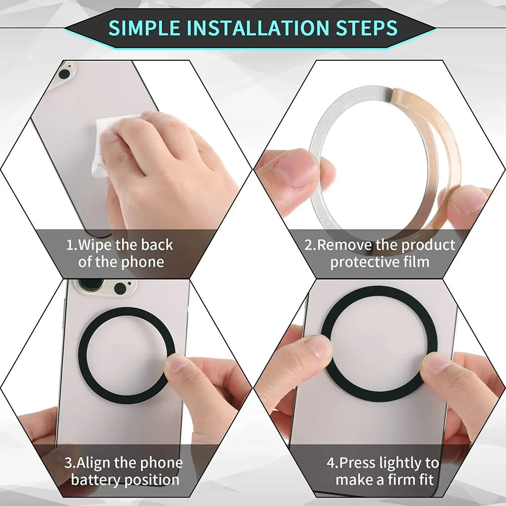 Four steps showing how to apply a thin, circular black magnetic ring to the back of a mobile phone.