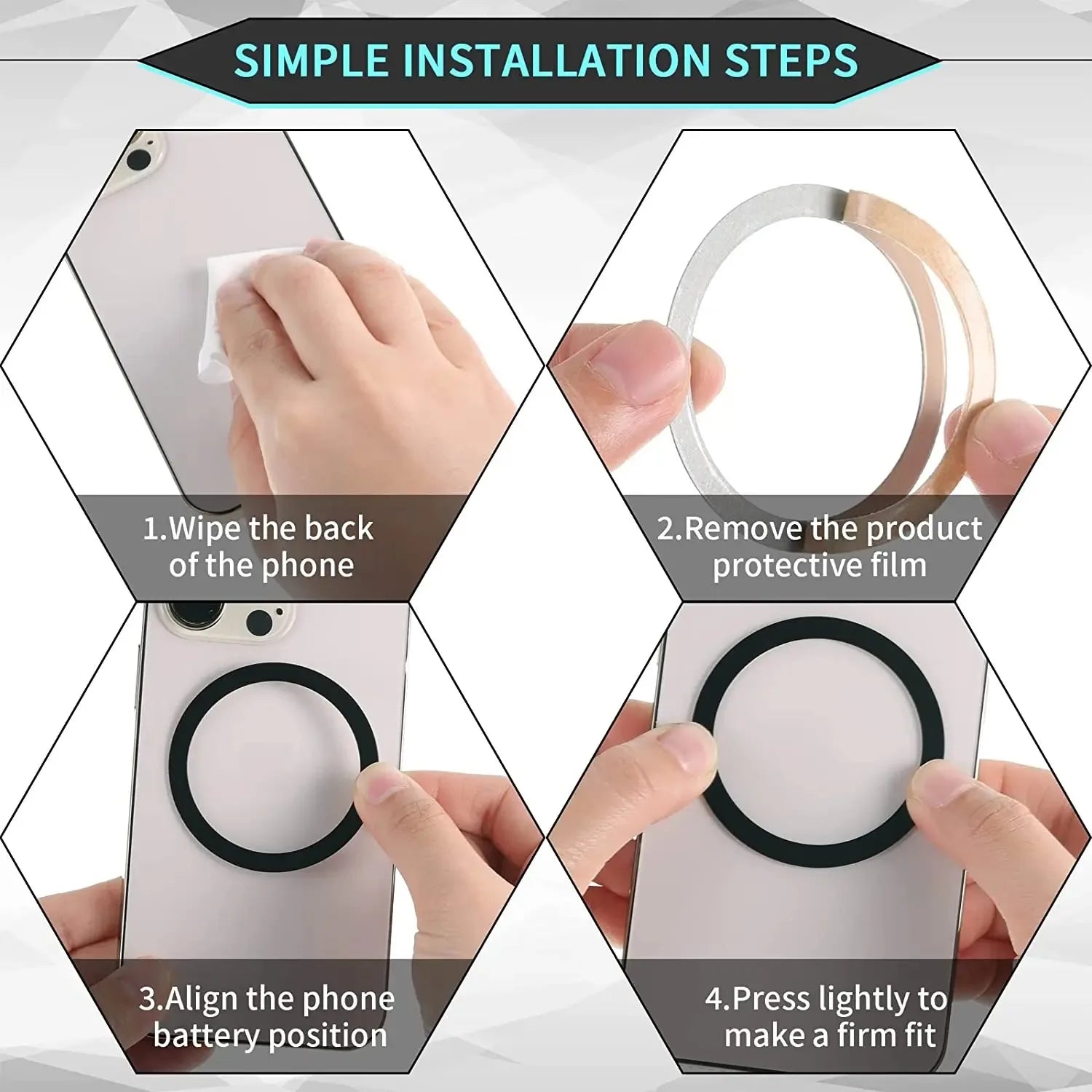 Four steps showing how to apply a thin, circular black magnetic ring to the back of a mobile phone.