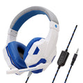 White and blue wired gaming headset with cushioned ear pads, adjustable microphone, and inline volume control.