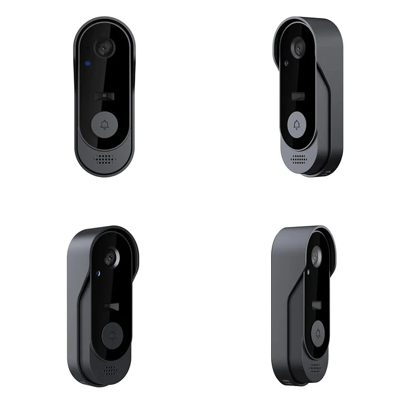 Sleek, dark grey wireless smart video doorbell with HD camera lens, night vision sensor and doorbell button.