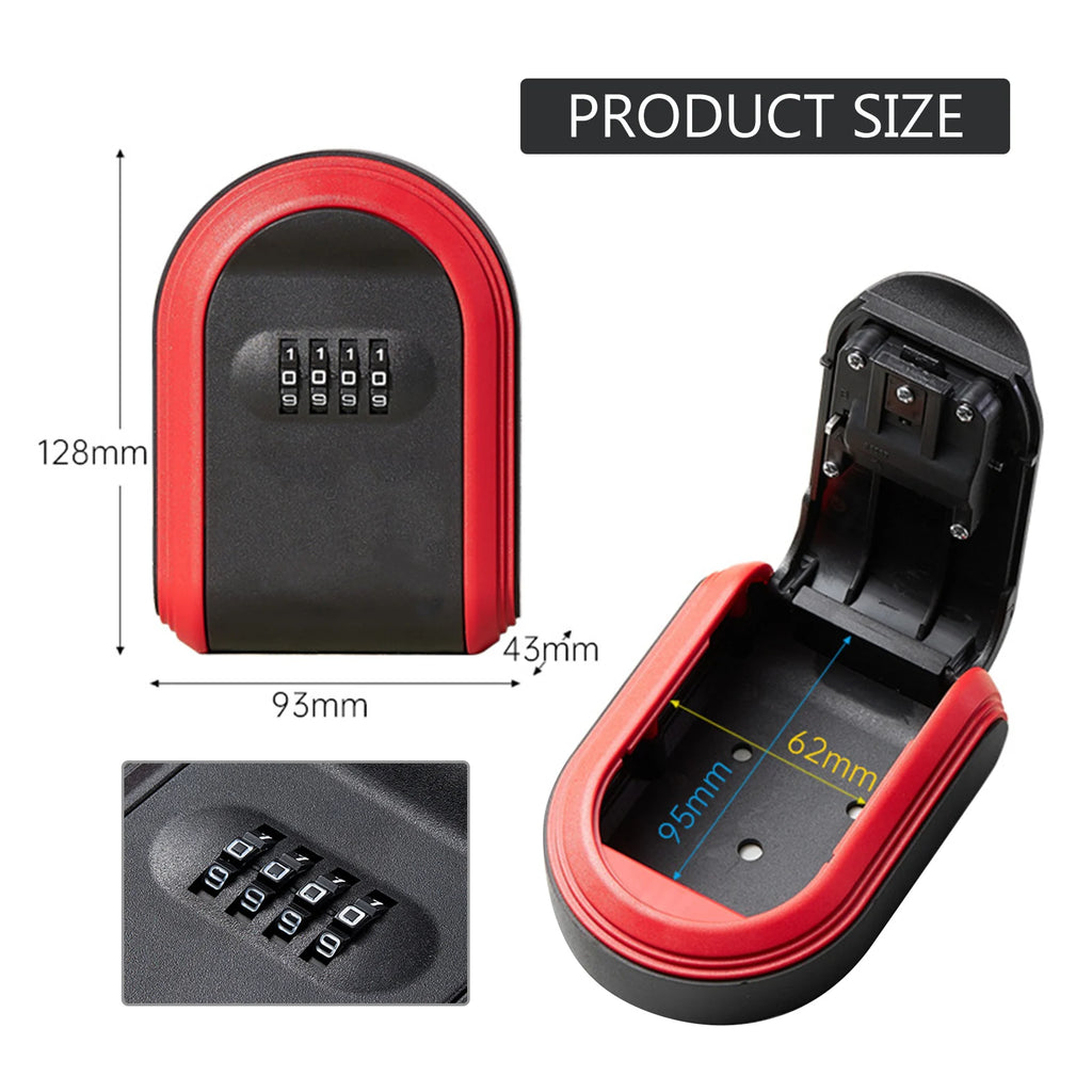 Red and black metal key lock box with a four-digit combination dial and dimensions shown in millimeters.