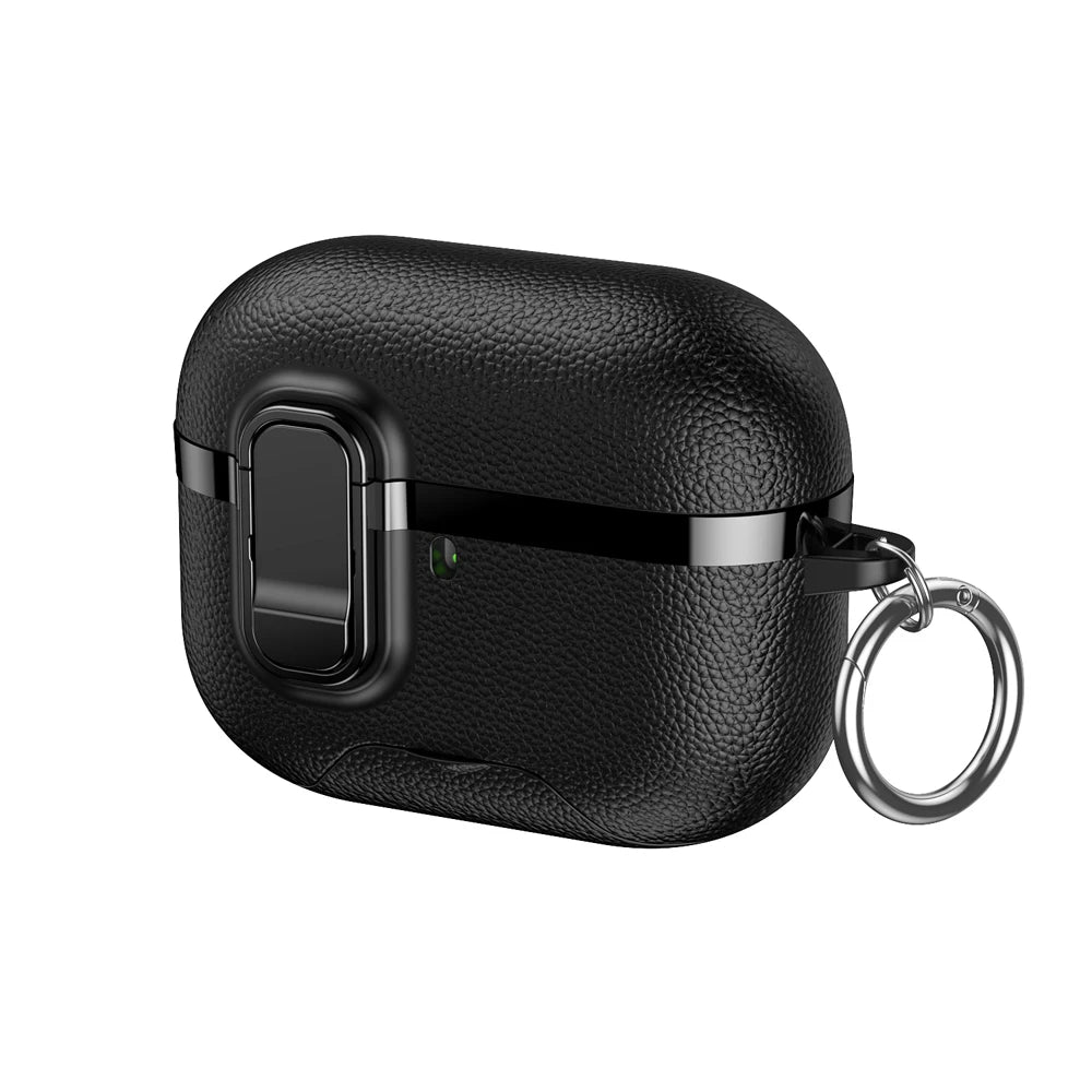 Black textured faux leather protective case for AirPods Pro with a secure metal locking latch and carabiner ring.