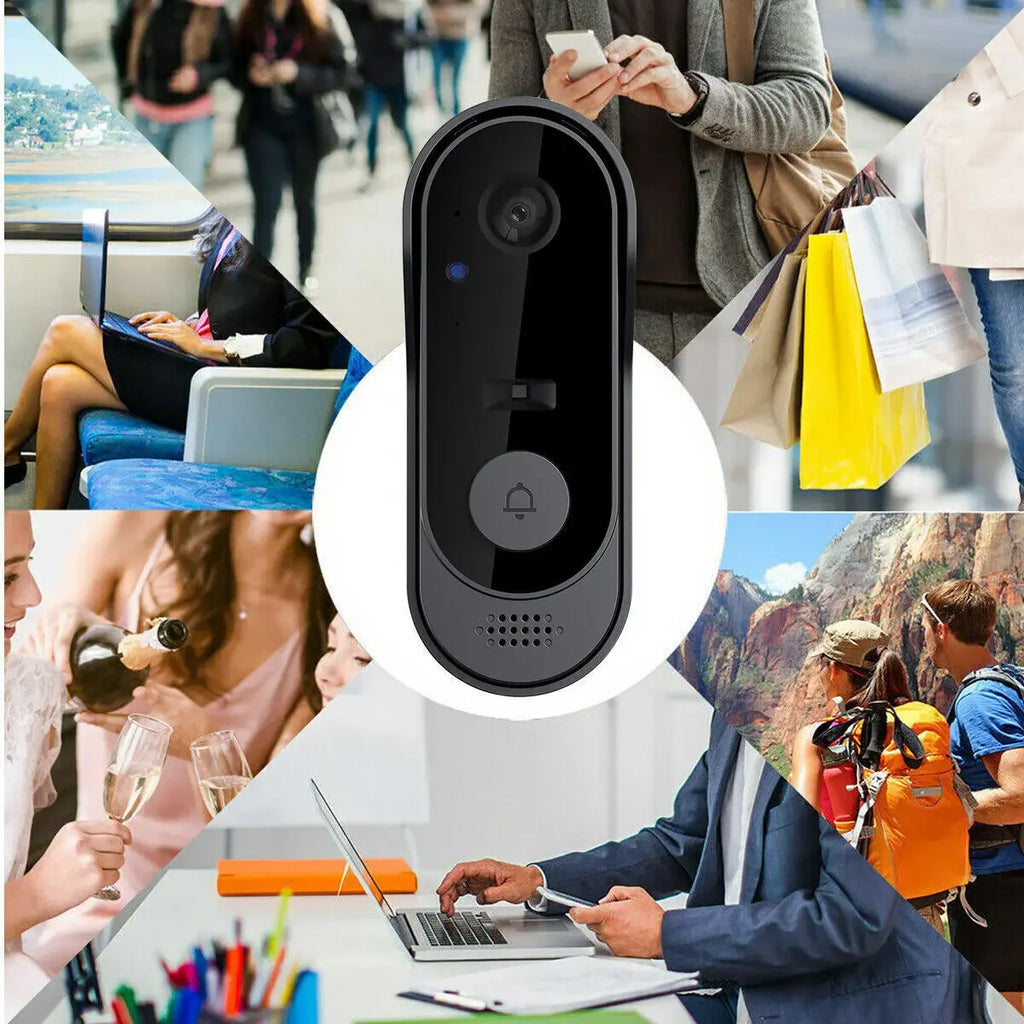 Sleek black wireless smart video doorbell with a central call button, camera lens, and speaker grille.
