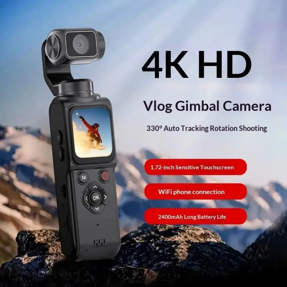 Black plastic 4K gimbal camera with a 1.72-inch touchscreen, auto-tracking rotation, and WiFi connectivity.