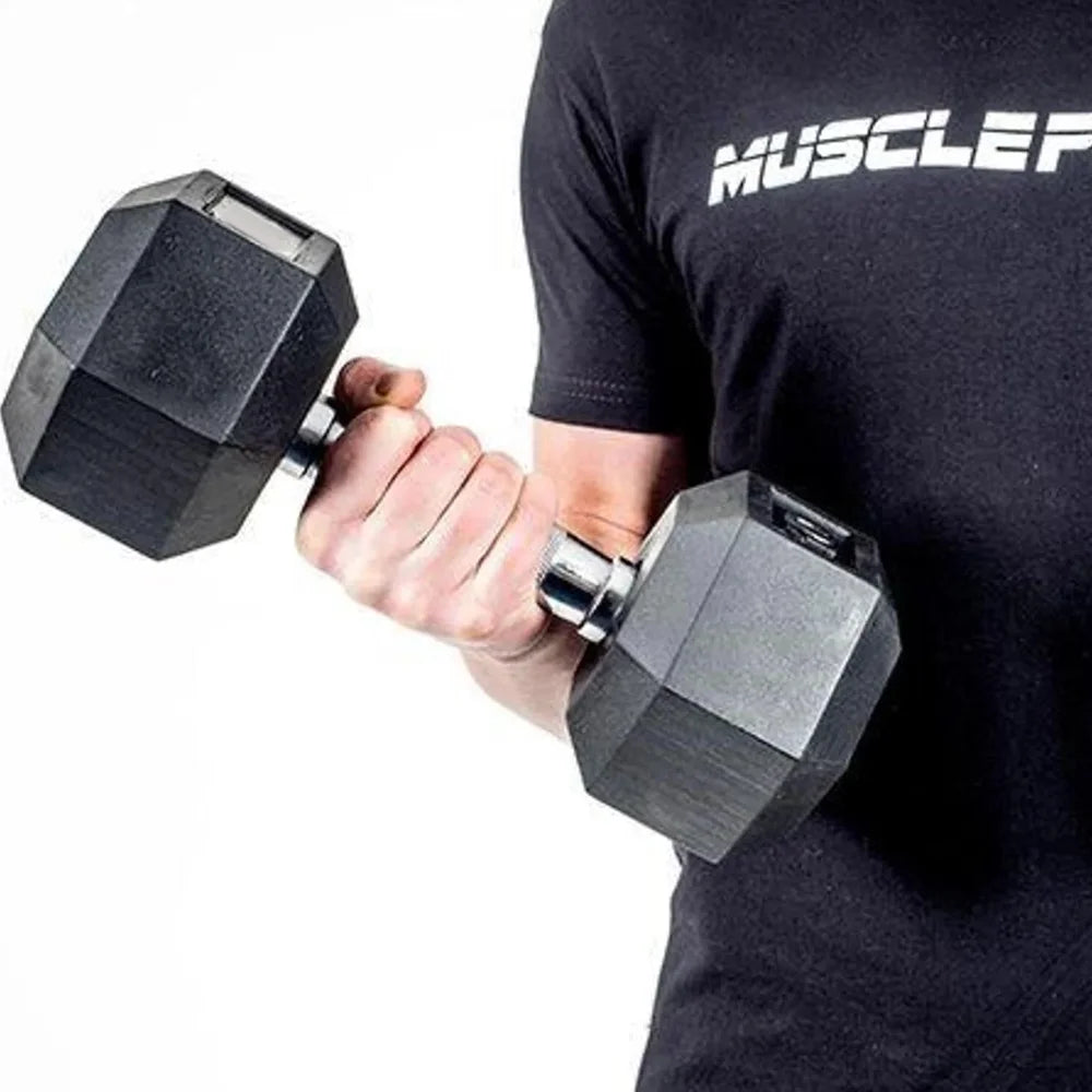 Person holding a black hexagonal dumbbell with a metallic handle for weight lifting.