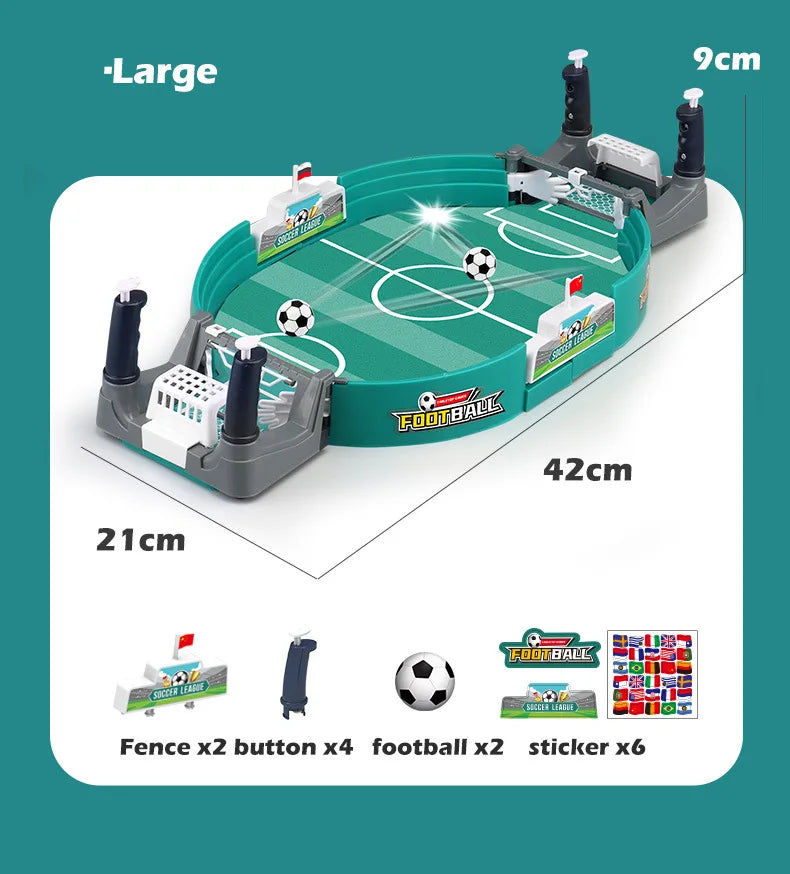 Tabletop football game set in green, featuring two goals, player buttons, two balls, fences, and country flag stickers.
