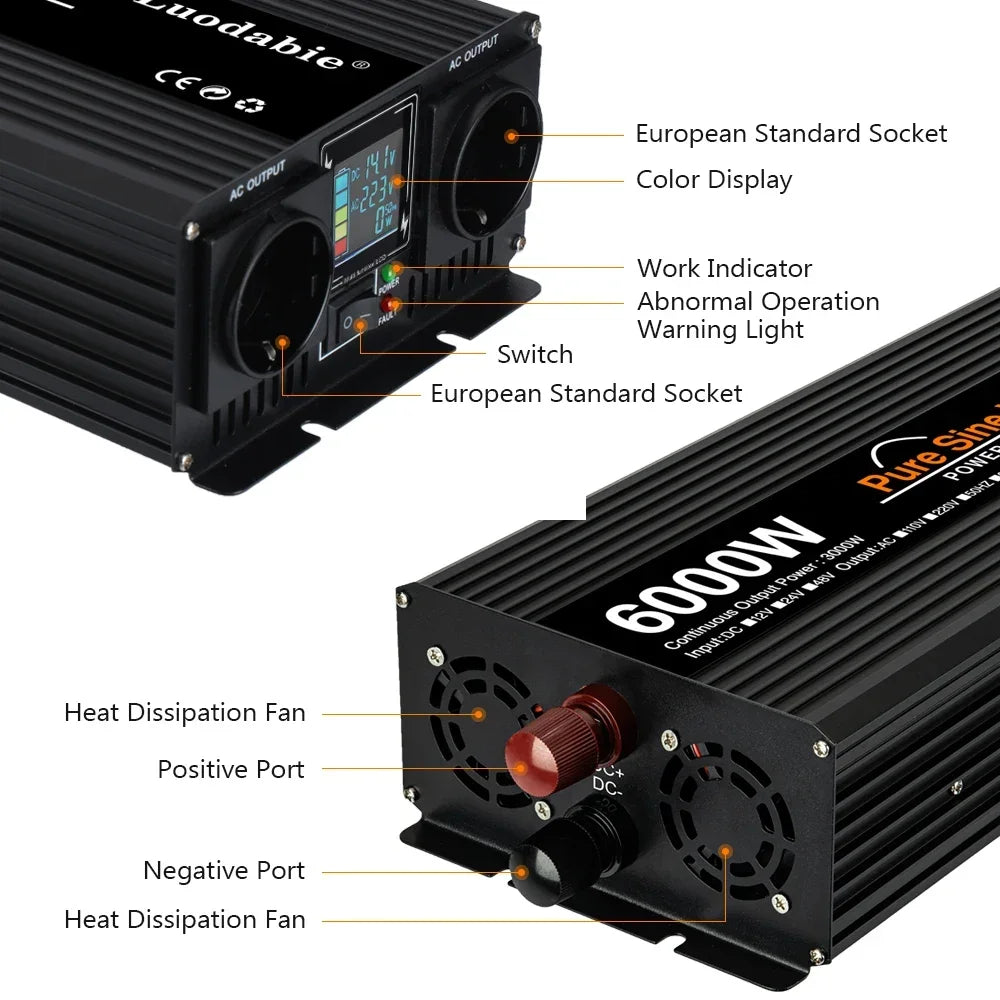 Black 6000W power inverter with dual sockets, colour display, cooling fans, and DC input terminals.