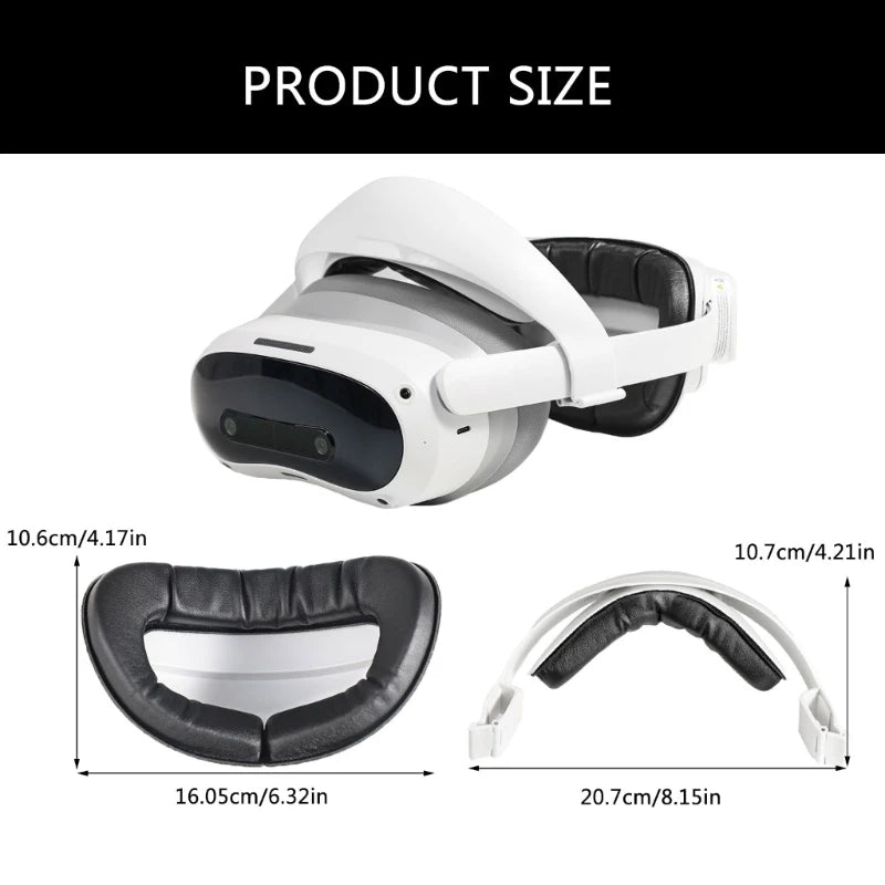 White VR headset strap with black cushioned padding, shown with measurement dimensions for the head support and interface.