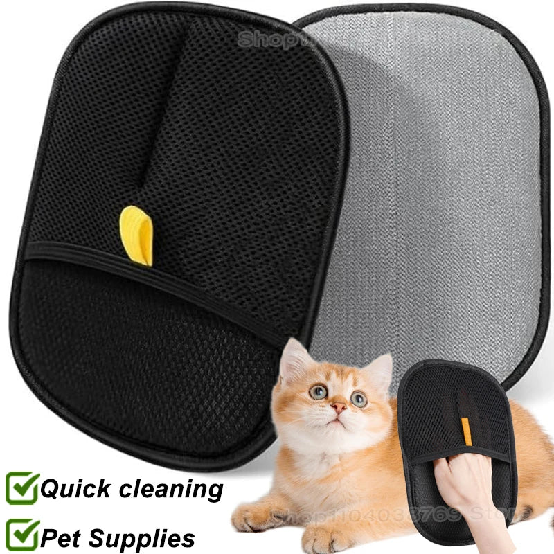 Two grooming mitts (black and grey) for pets, showing a person using one to brush a ginger kitten.