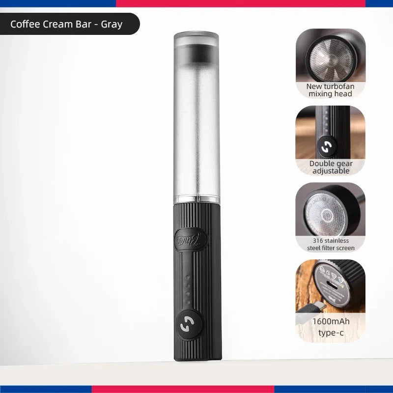 Gray handheld coffee cream mixer with a cylindrical body, stainless steel filter head, and adjustable power settings.