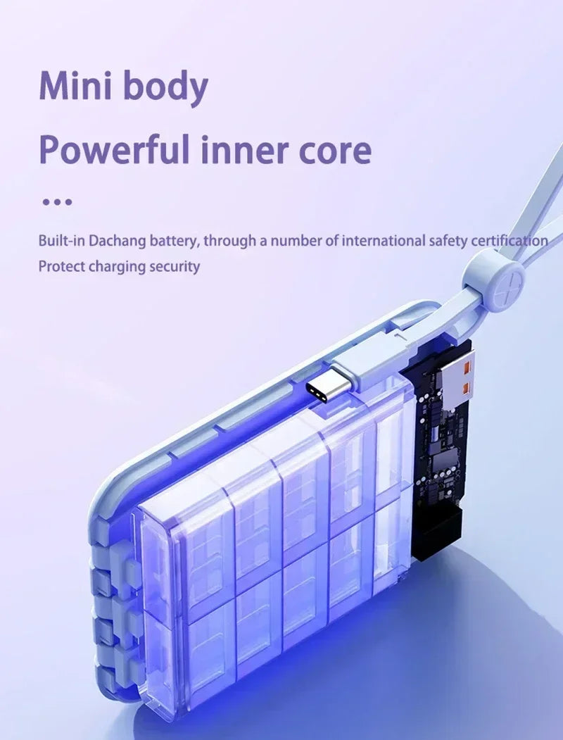 Compact, pale blue power bank with a translucent casing, internal circuitry, and a built-in integrated charging cable.