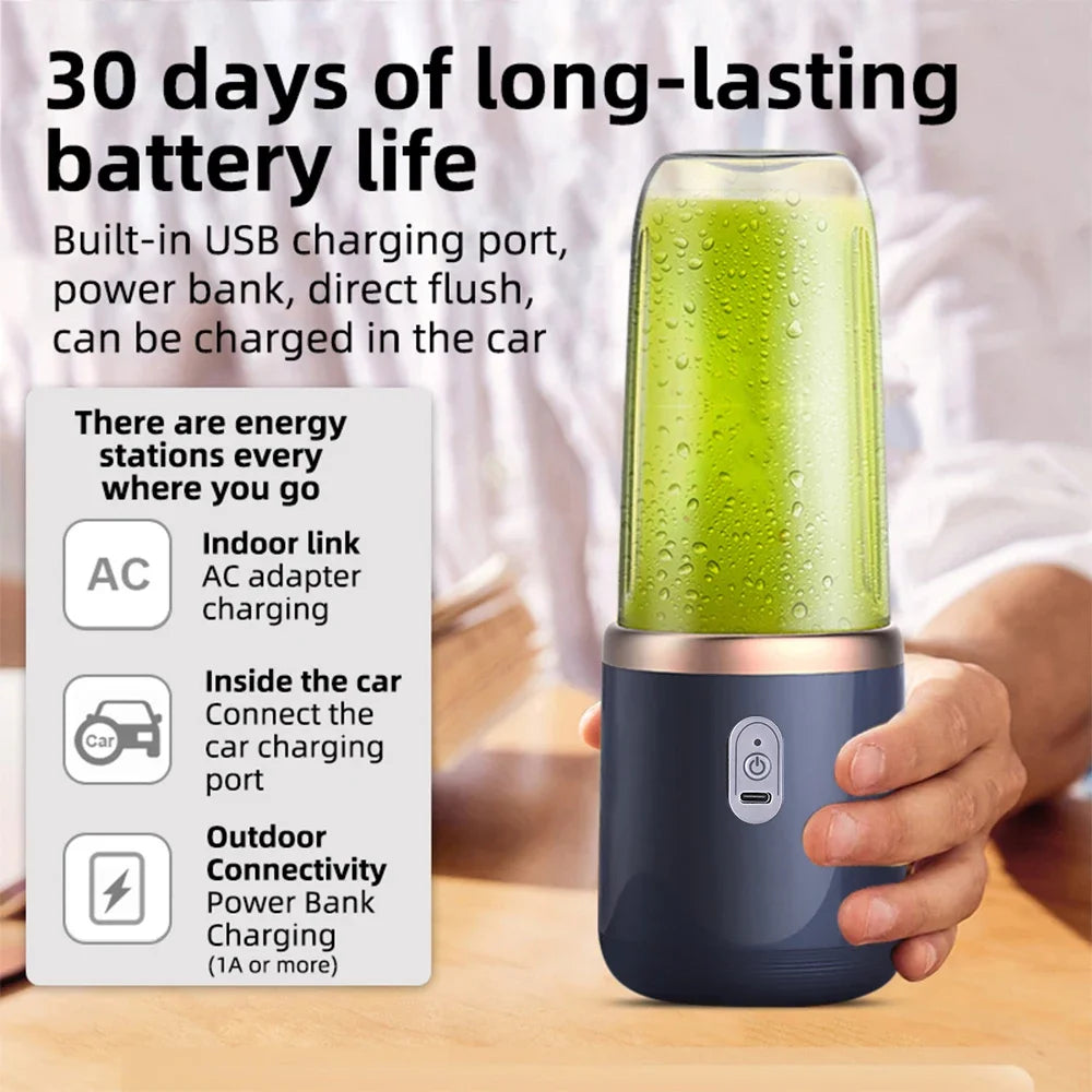 Portable USB-rechargeable blender in navy blue with a rose gold trim, containing a green smoothie.