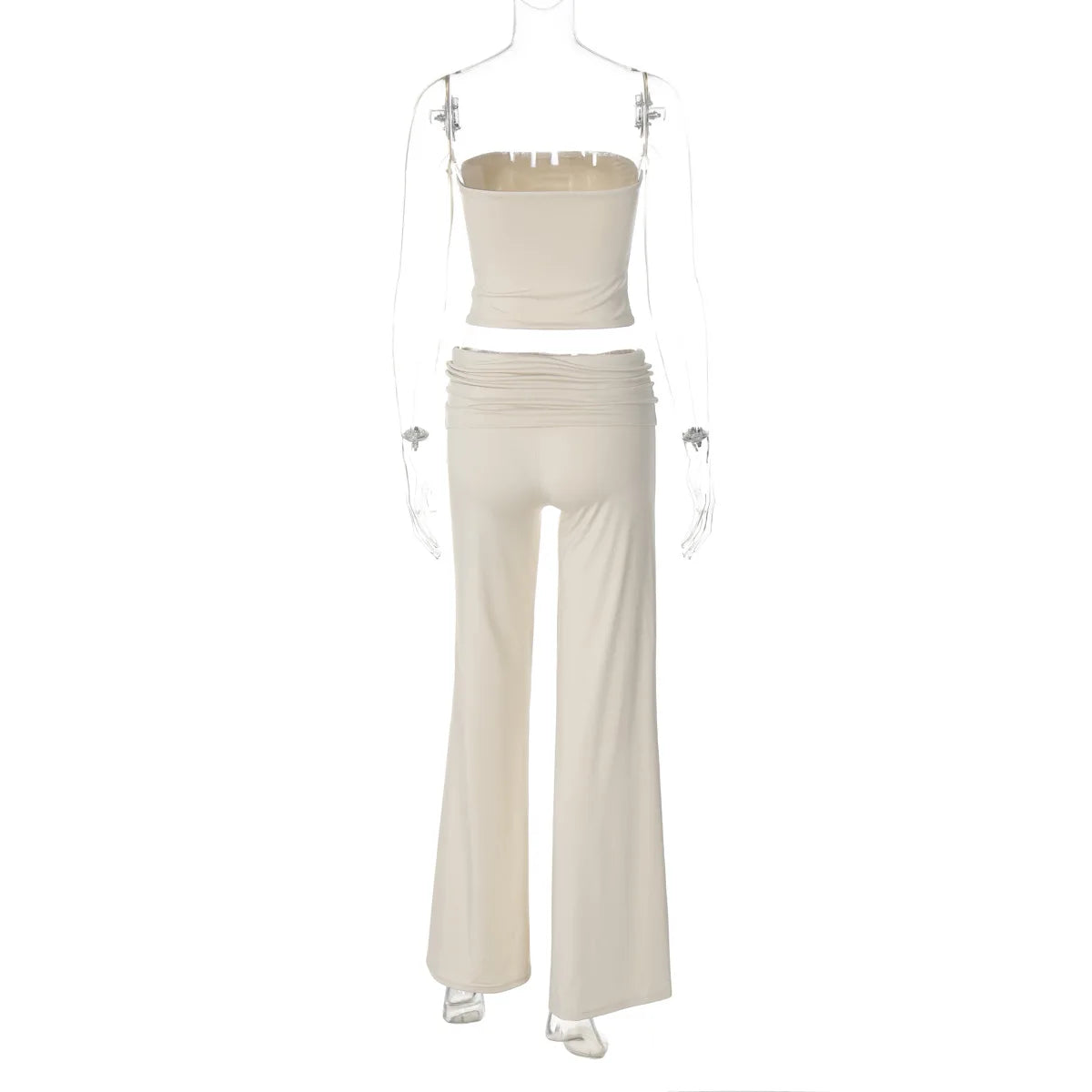 Cream two-piece set featuring a strapless crop top and high-waisted wide-leg trousers on a mannequin.