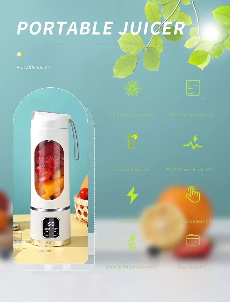 White portable blender with a clear window, digital display, and carry strap, shown next to text about its features.