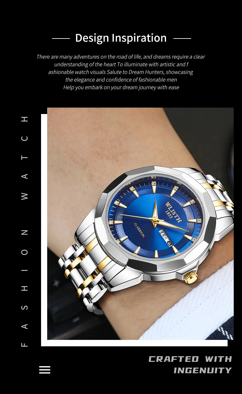 Men’s stainless steel watch with a blue sunray dial, gold hands, diamond-style markers and two-tone silver-gold strap.