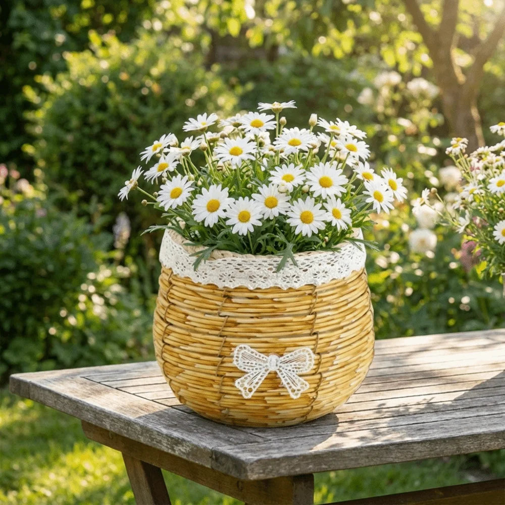 A rustic woven basket, adorned with white lace trim and a bow, filled with white daisies on a wooden garden table.