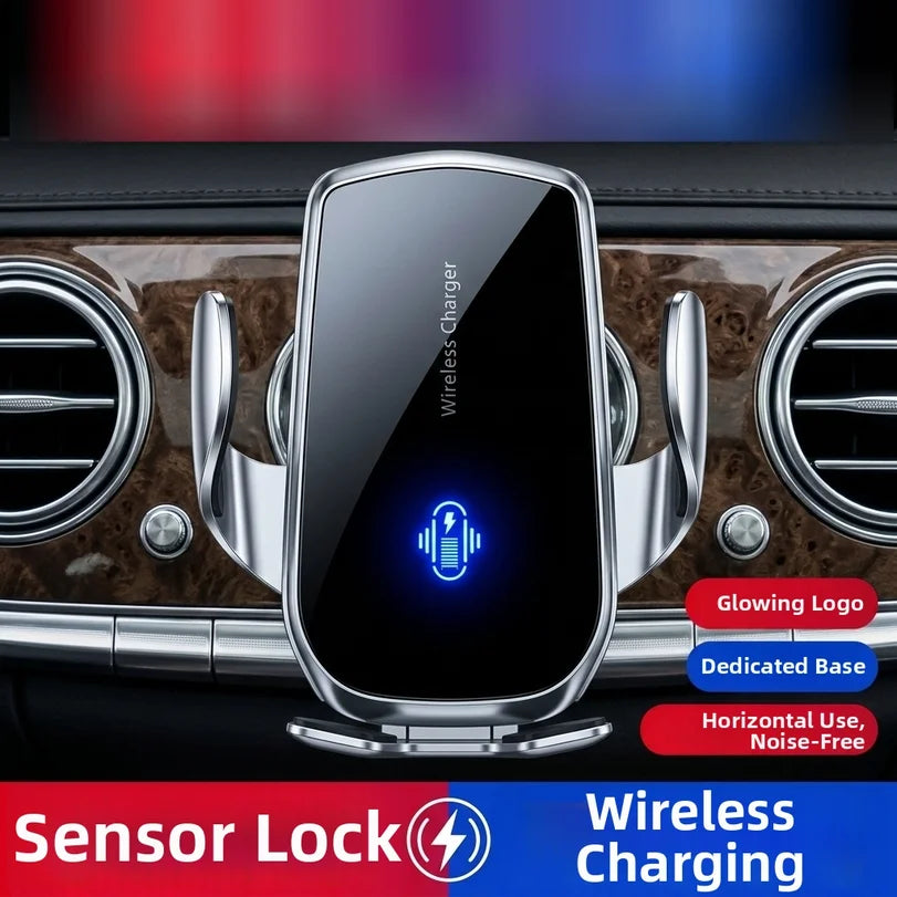 Silver car phone mount with wireless charging, sensor-activated grip, and a blue glowing LED logo on the dashboard.