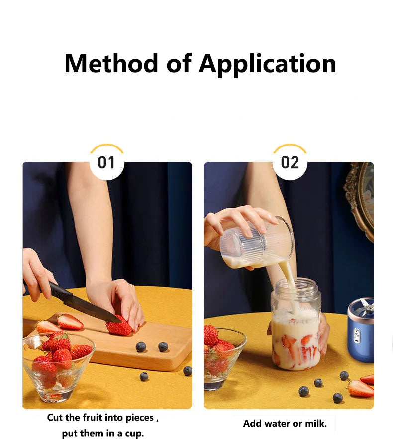 Two-step instructions showing a person cutting fruit and pouring liquid into a blue, portable, cylinder-shaped blender.