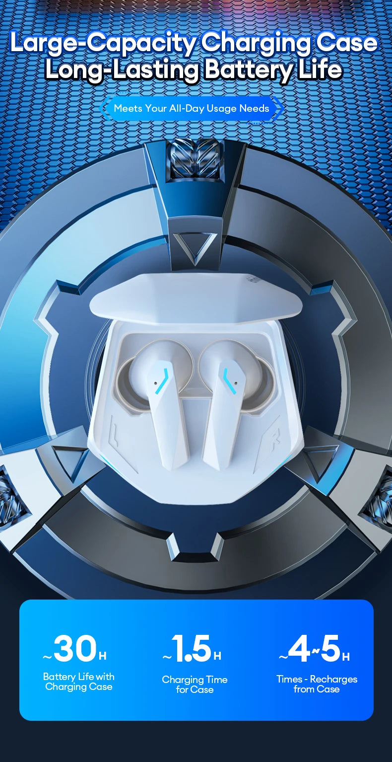 White wireless earbuds in a sleek, futuristic charging case against a blue, circular mechanical background.