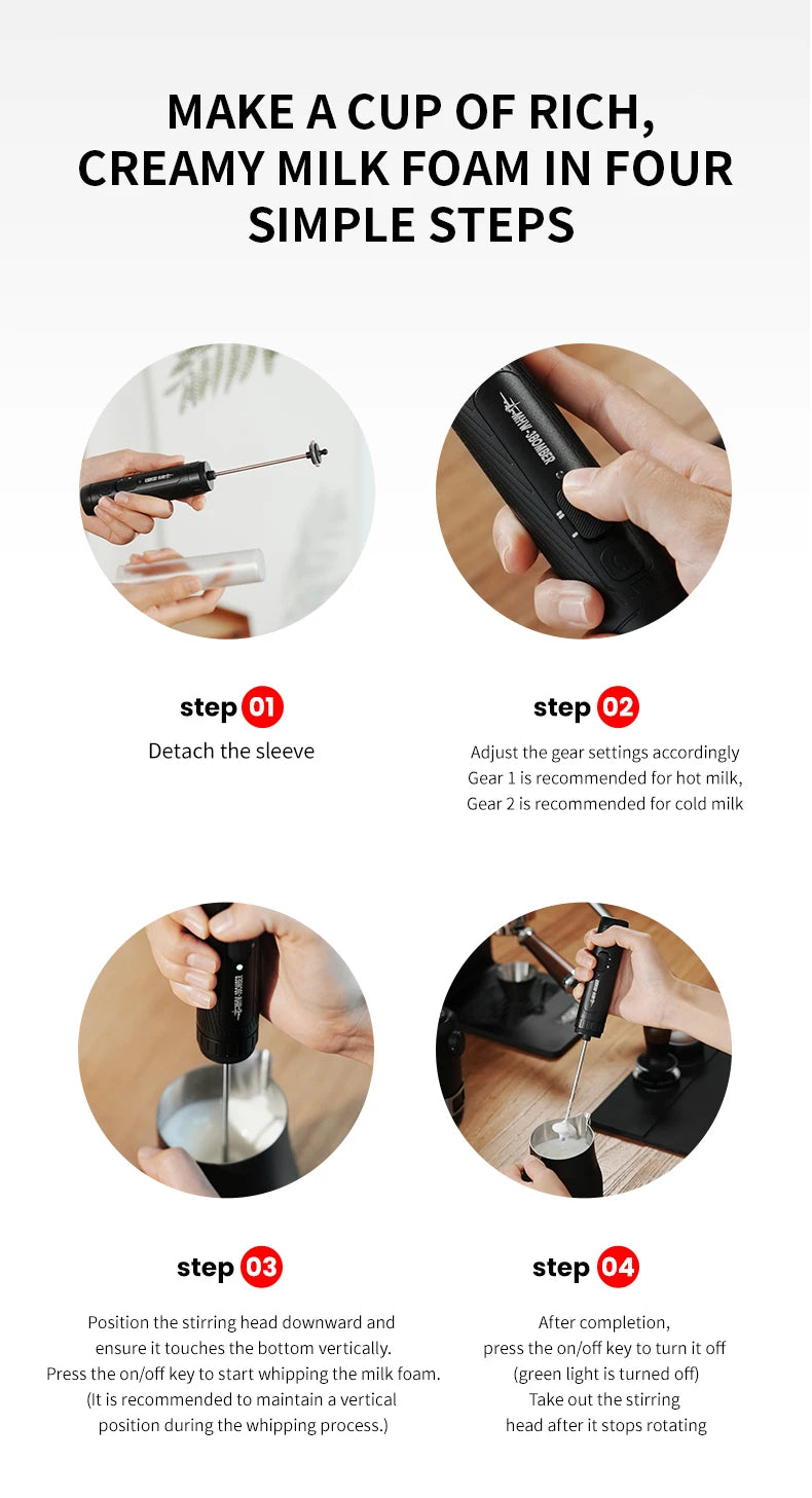 A four-step guide on using a portable, matte black handheld electric milk frother with adjustable gear settings.
