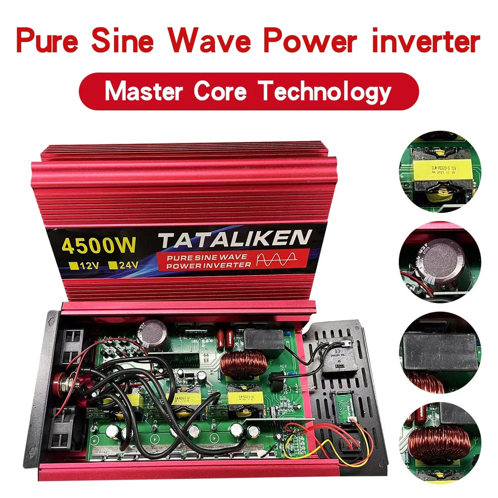 Red 4500W pure sine wave power inverter with its casing removed to show the internal circuit board and components.