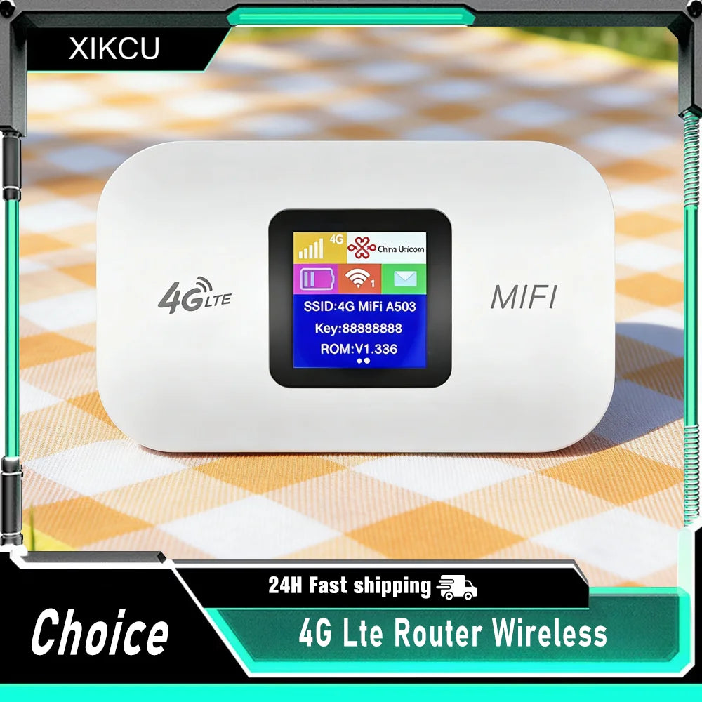 A sleek, white portable 4G LTE wireless Wi-Fi hotspot router with a digital display screen.