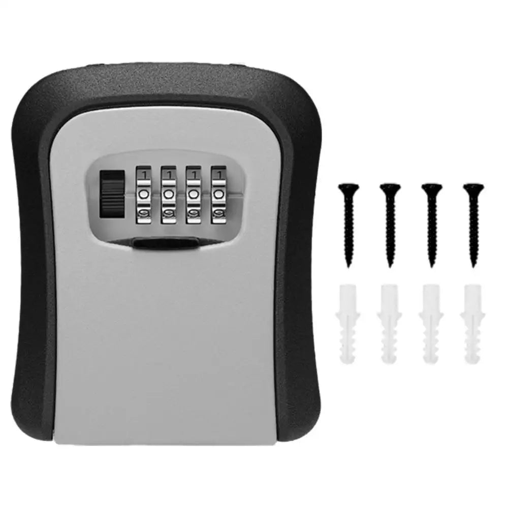 Black and grey wall-mounted metal key lock box with four-digit combination dial and mounting screws and anchors.