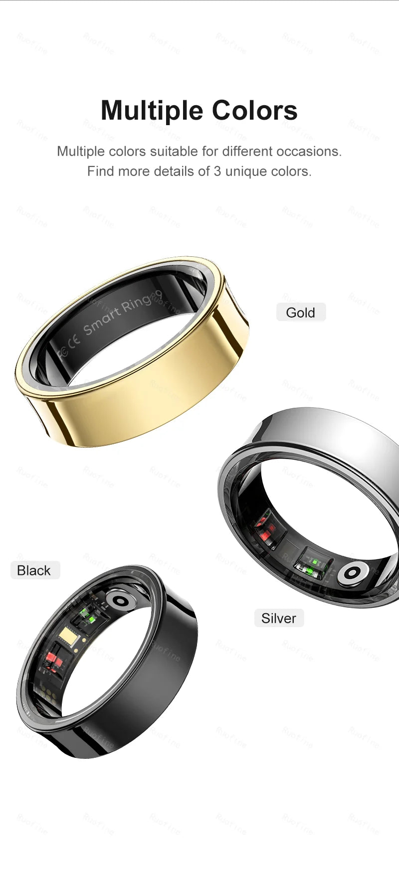 Three smart health rings in gold, silver, and black, featuring sleek metallic finishes and integrated inner sensors.