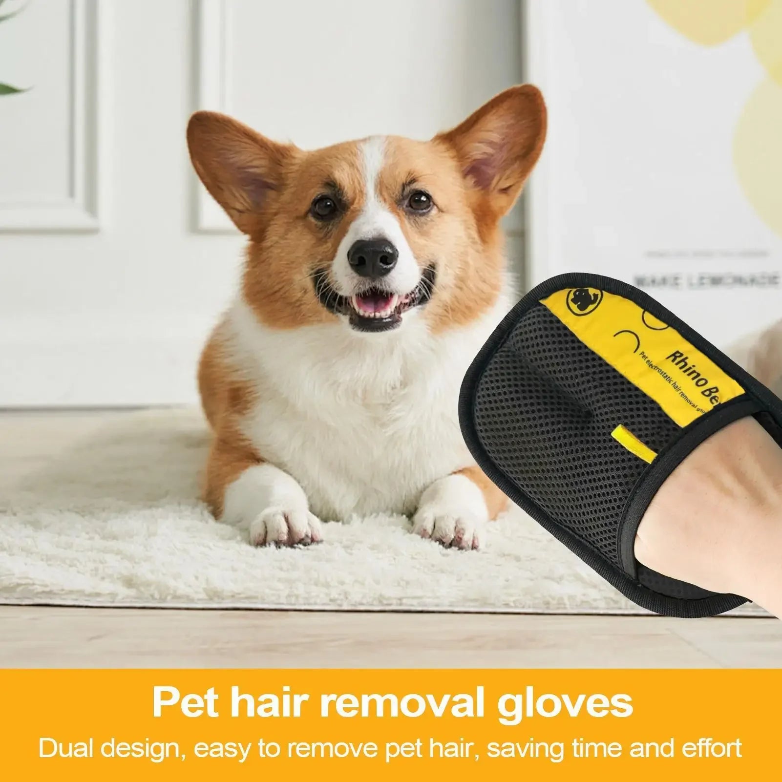 A hand wearing a black and yellow pet hair removal glove, with a happy corgi in the background.