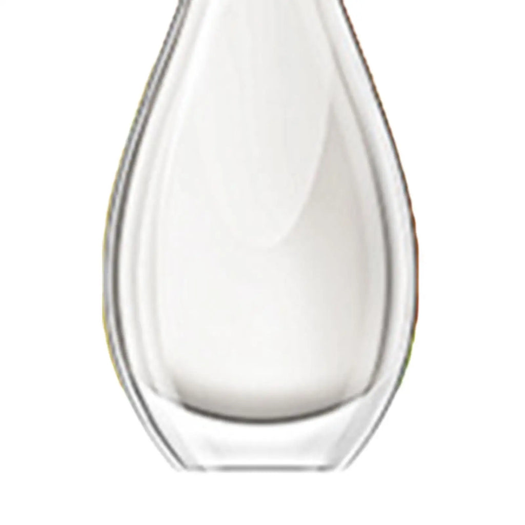 Clear glass vase with a sleek, teardrop-shaped silhouette and a thick, solid base.