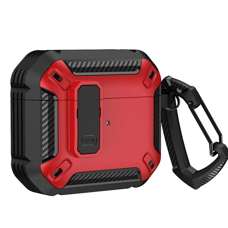 Rugged red and black protective AirPods case with carbon-fibre texture and carabiner clip.